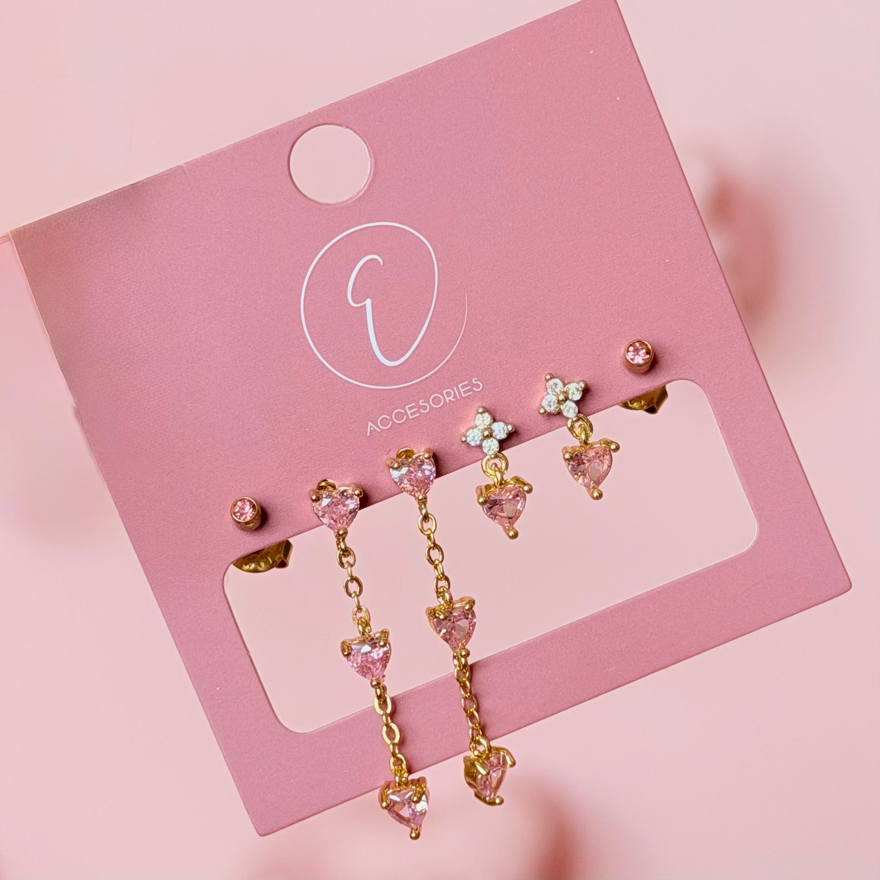 Pink Crystal Heart Drop Earrings Set