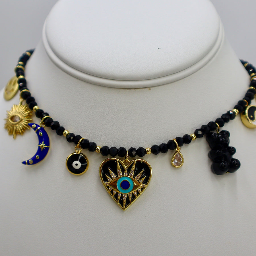 Black Crystal Multi Charms Necklace