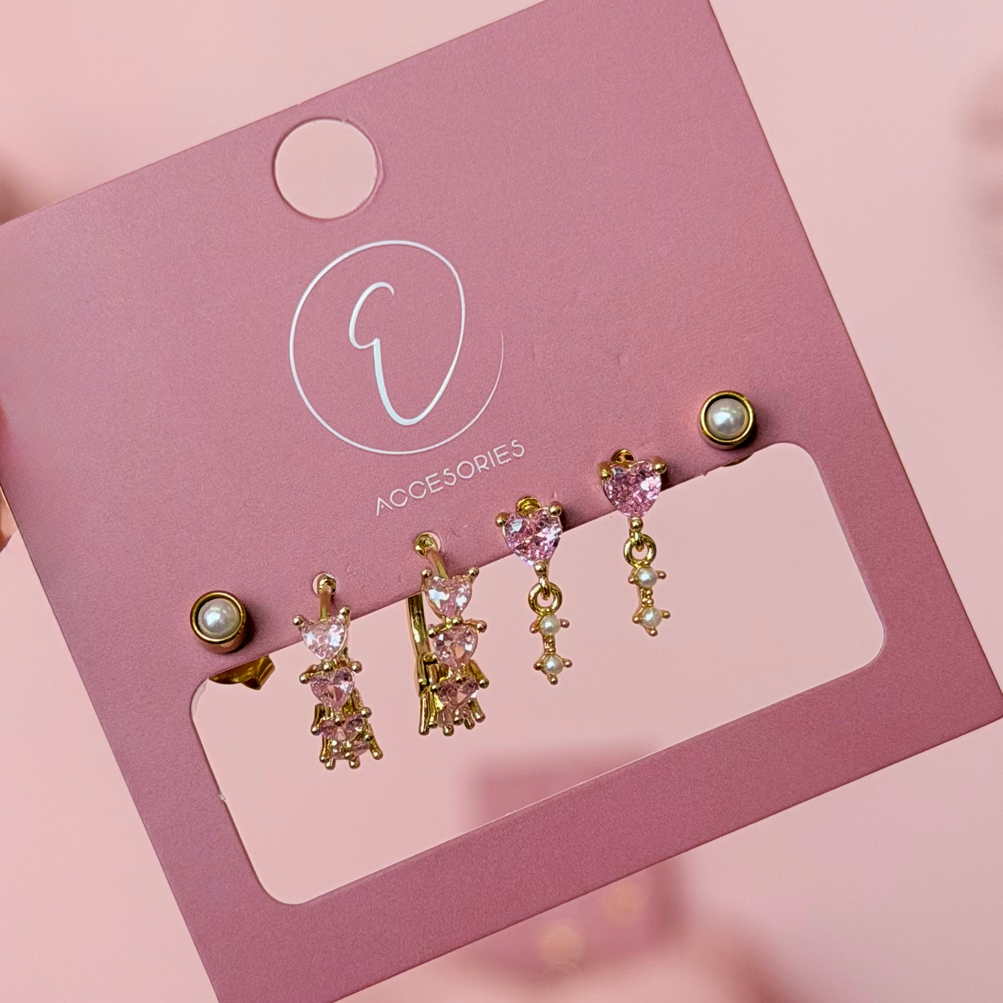 Pink Crystal Heart Drop Earrings Set