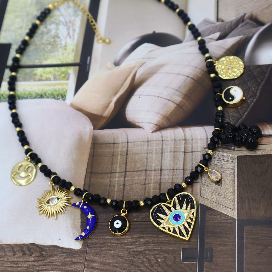 Black Crystal Multi Charms Necklace