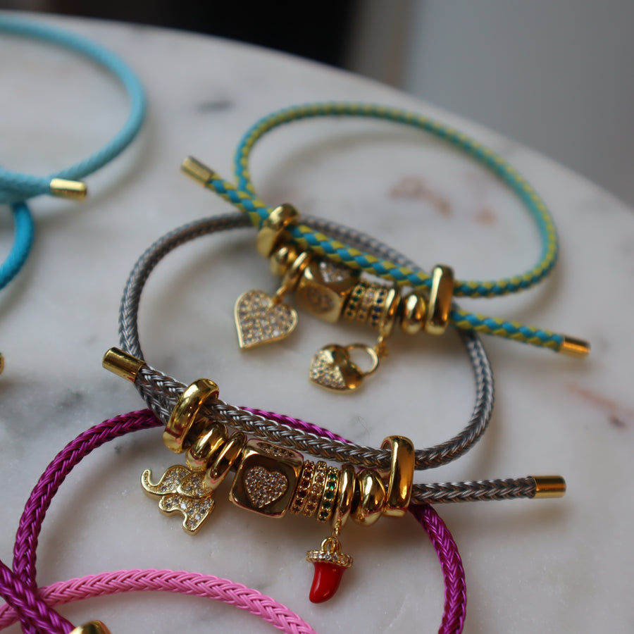 Fancy Rope Bracelet + Cube Zirconium Initial Letter + Cute Charms + Charm Holder + Rind Adjustador + Lucky Charms + Little Rings