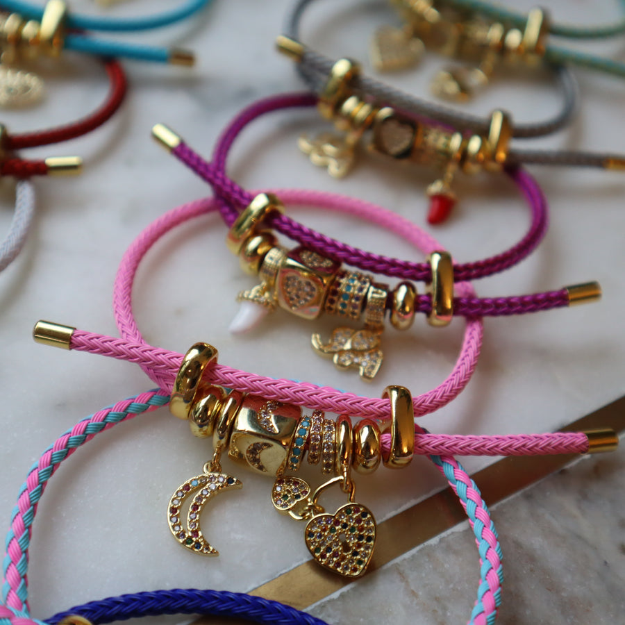 Fancy Rope Bracelet + Cube Zirconium Initial Letter + Cute Charms + Charm Holder + Rind Adjustador + Lucky Charms + Little Rings