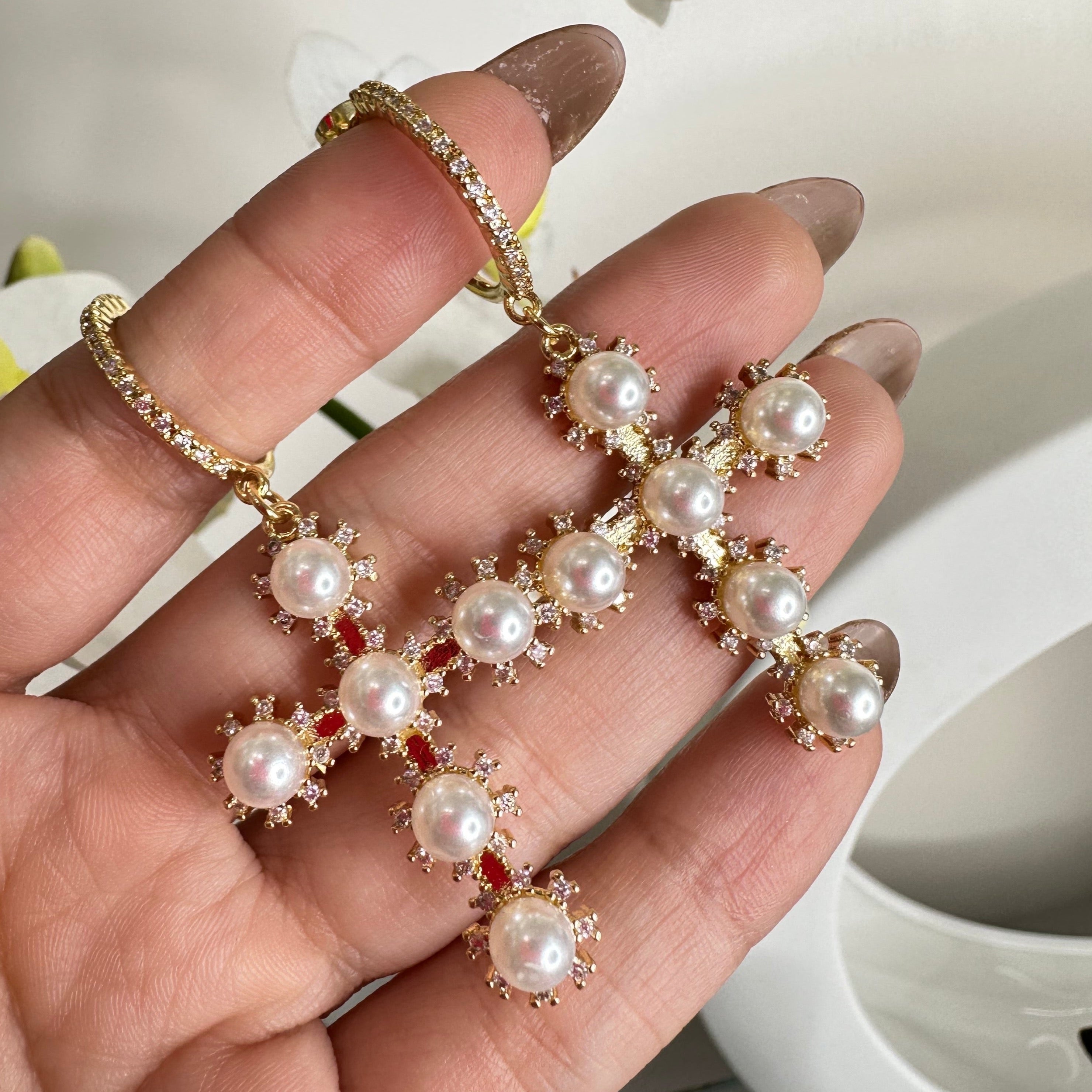 Big Pearl Cross Hoops