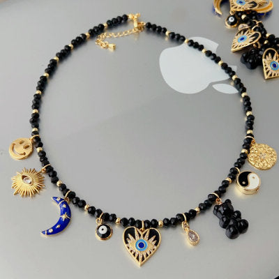 Black Crystal Multi Charms Necklace