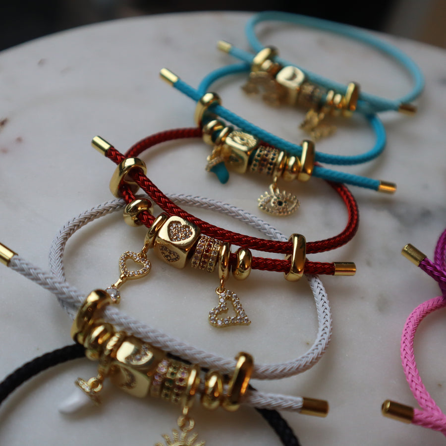 Fancy Rope Bracelet + Cube Zirconium Initial Letter + Cute Charms + Charm Holder + Rind Adjustador + Lucky Charms + Little Rings