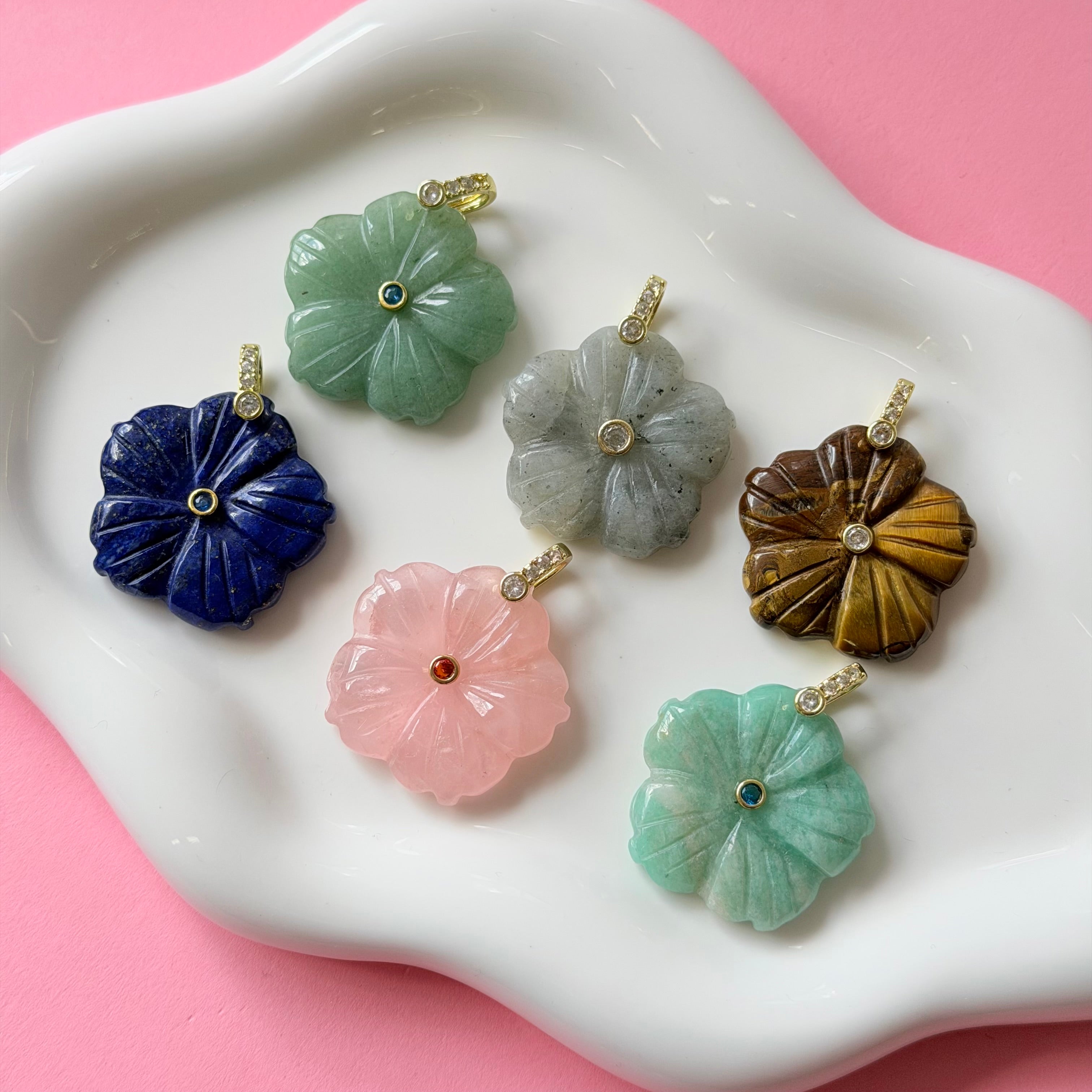 Carved Natural Stone Flower Charm
