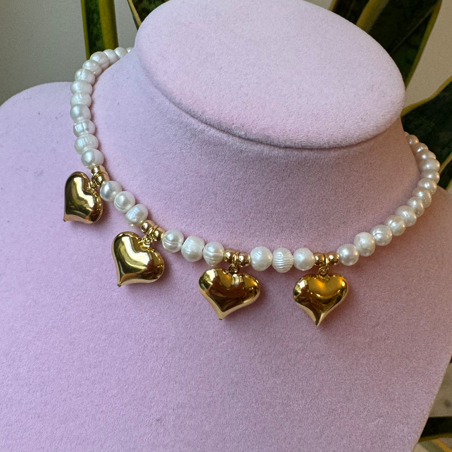 Multi Hearts Pearls Necklace