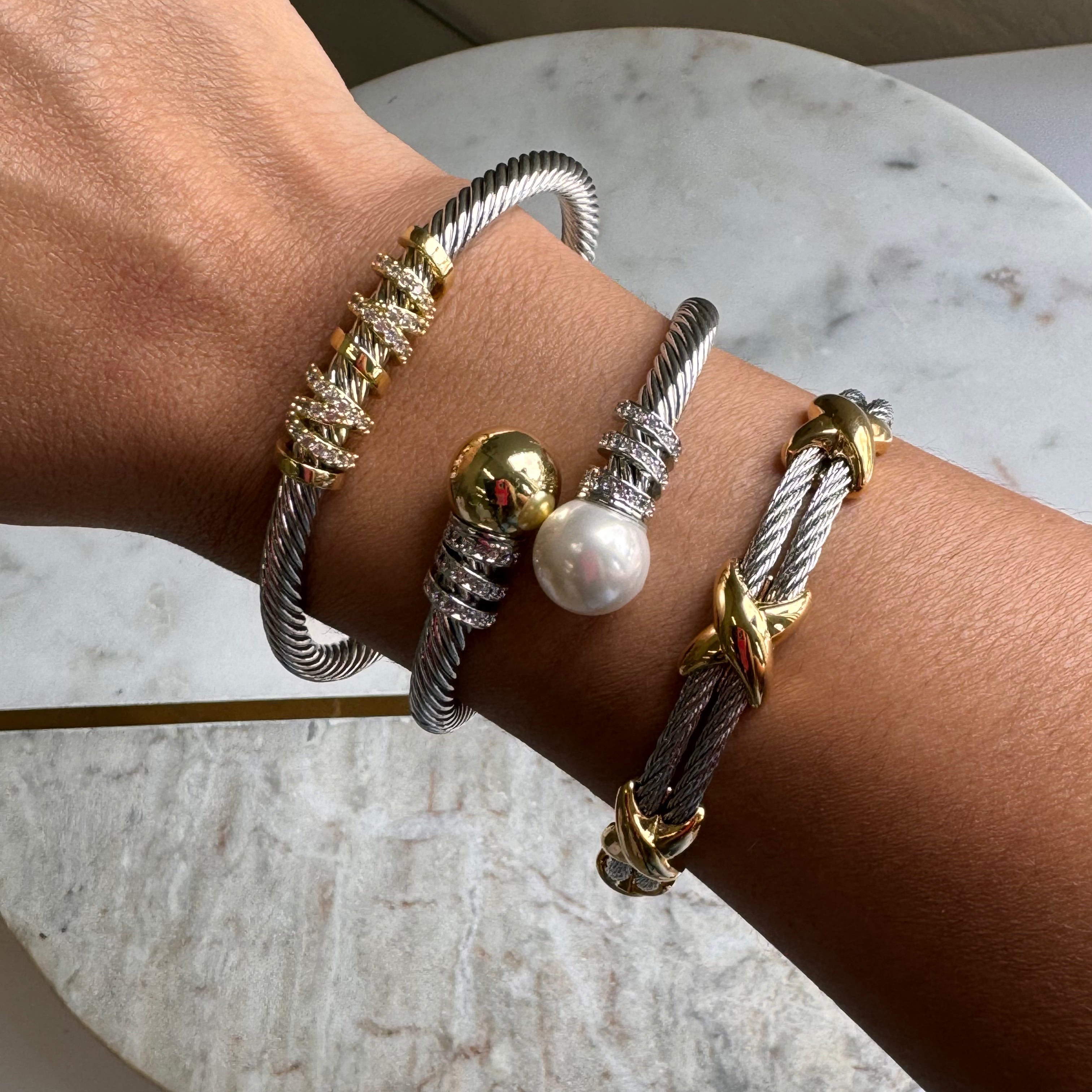 Cable Pearl and Gold Bracelet