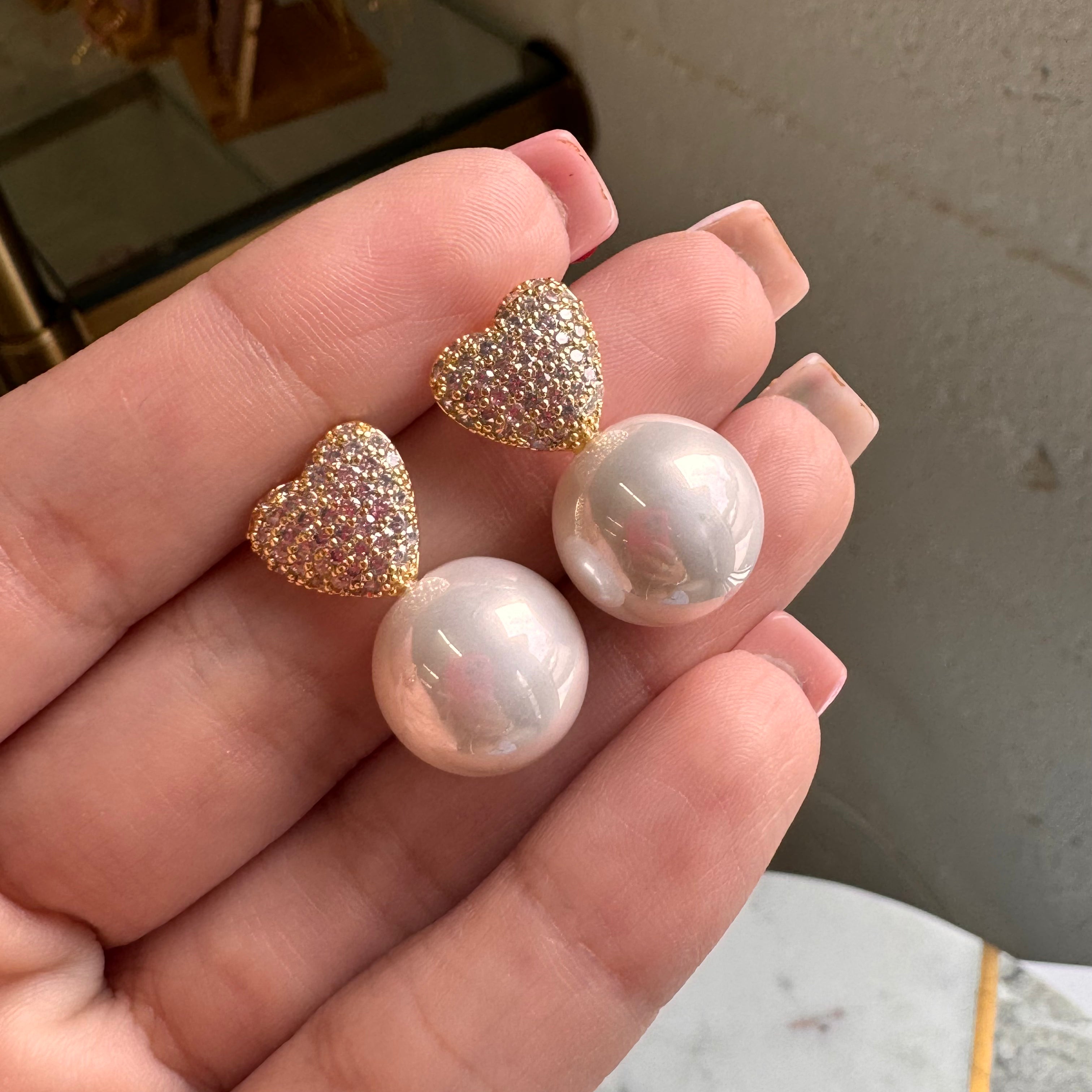 Pave Heart Pearl Earrings