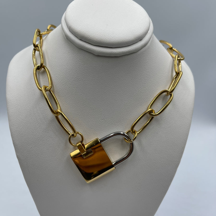 Chunky Lock Gold and Silver Necklace