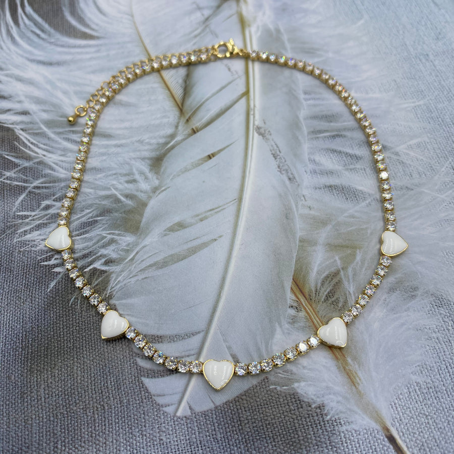 White Crystals Hearts Chokers