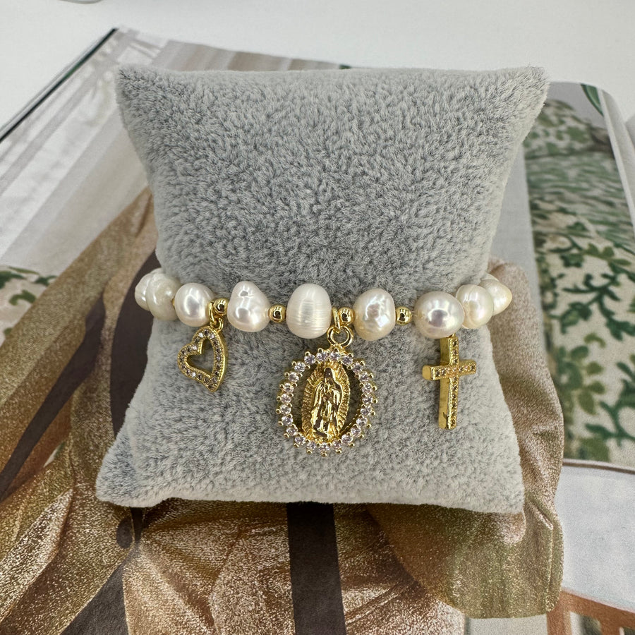 Guadalupe Cross and Heart Pearls Bracelet